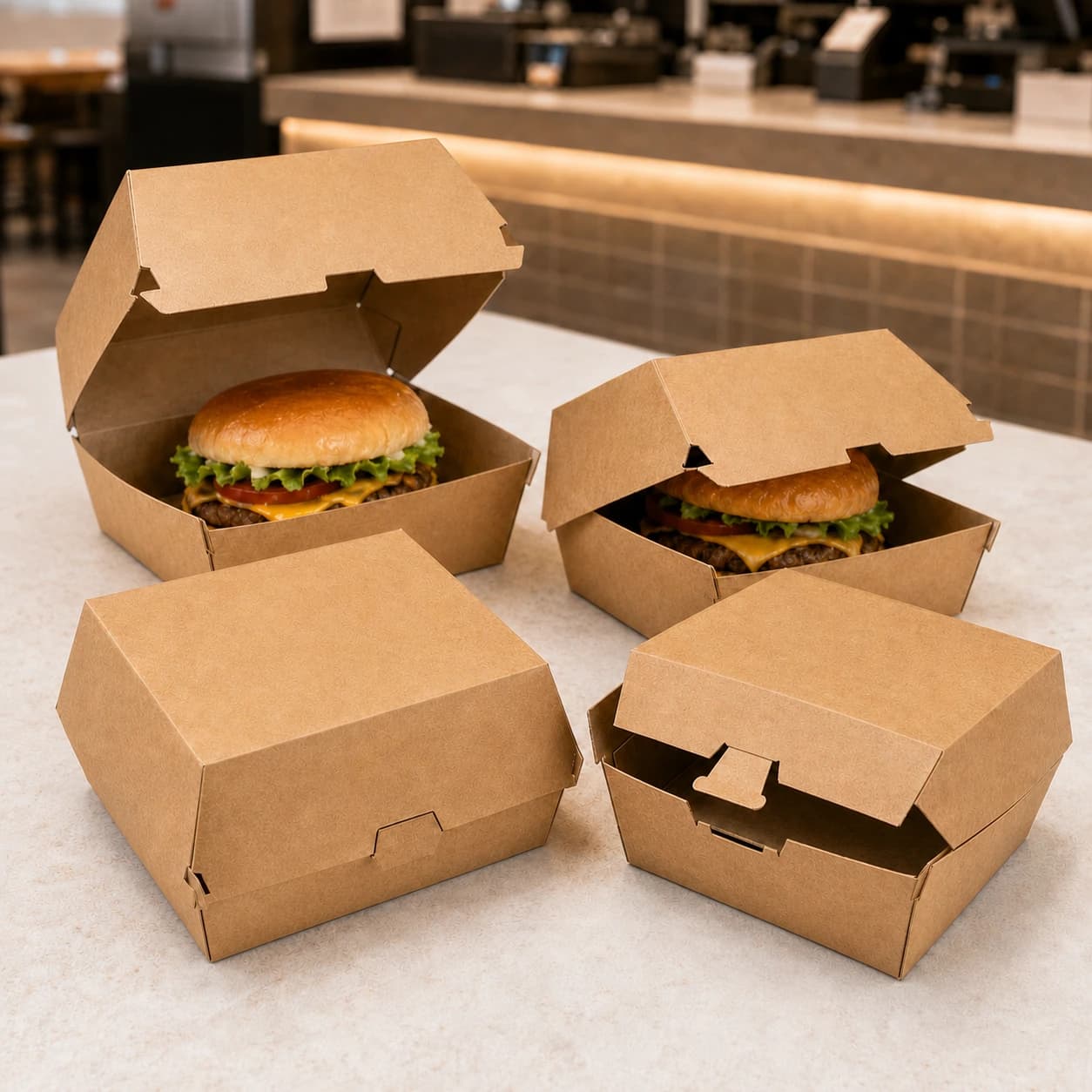 Plain kraft paperboard burger boxes in a restaurant setting
