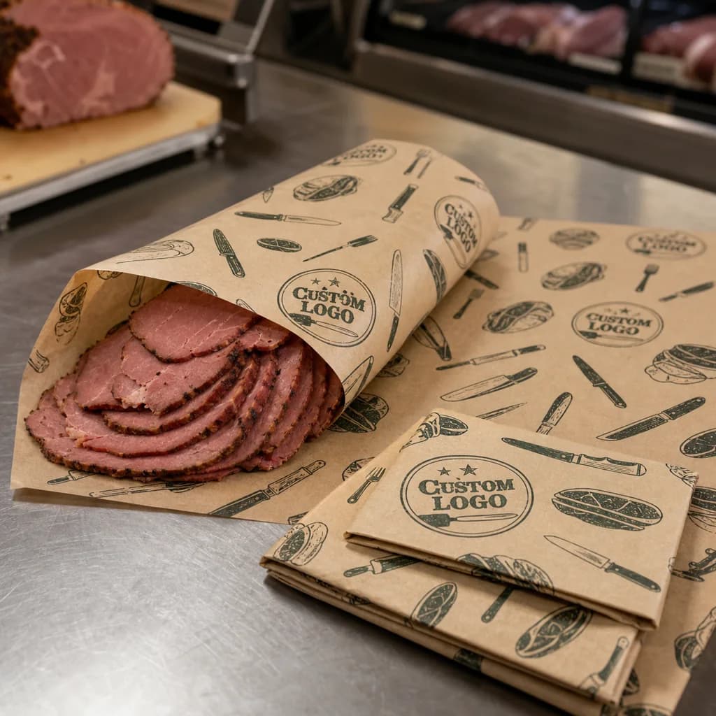 Illustrative custom deli paper sheets used at a foodservice counter