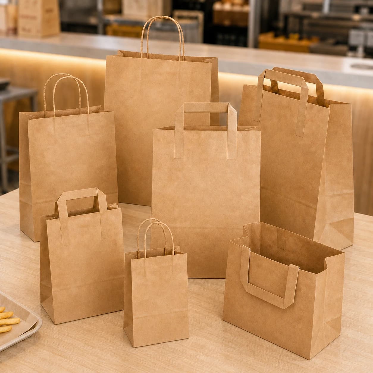 Plain kraft takeaway paper bags in several sizes and handle styles
