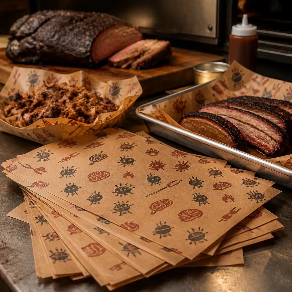 Illustrative pre-cut BBQ deli paper sheets stacked beside cooked meat and lined service trays