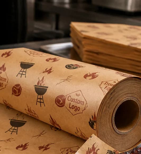 Illustrative close view of a custom printed BBQ paper roll showing the paper web and core