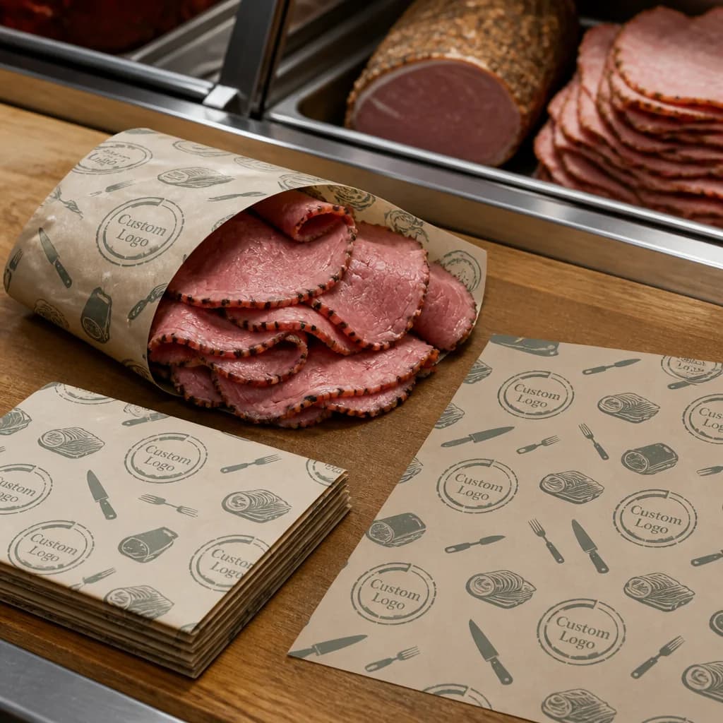Illustrative deli paper shown as flat sheets and around sliced food at a service counter