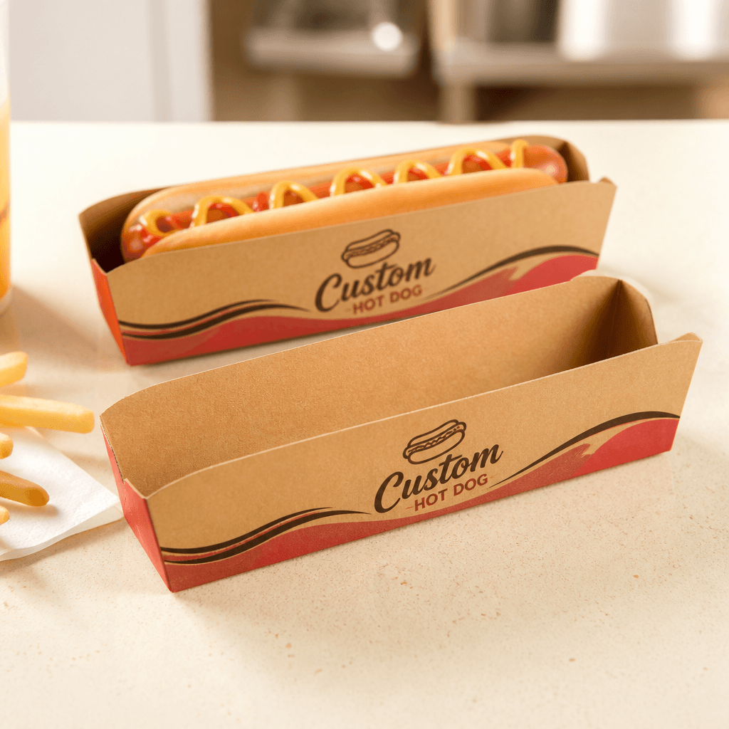 Illustrative kraft open-top hot dog trays shown empty and loaded for a formed-sample fit review