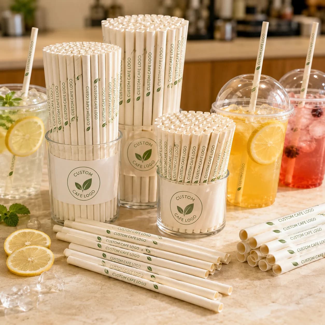Illustrative paper straws in different lengths shown with cold takeaway drinks