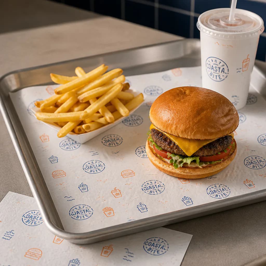 Illustrative large serving tray with a printed paper liner, burger, fries and drink