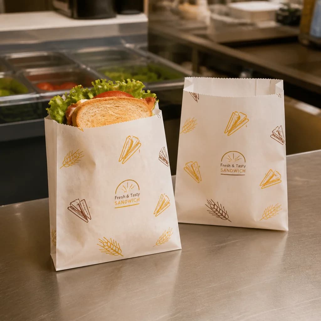 Illustrative sandwich paper bags shown open and loaded at a food preparation counter