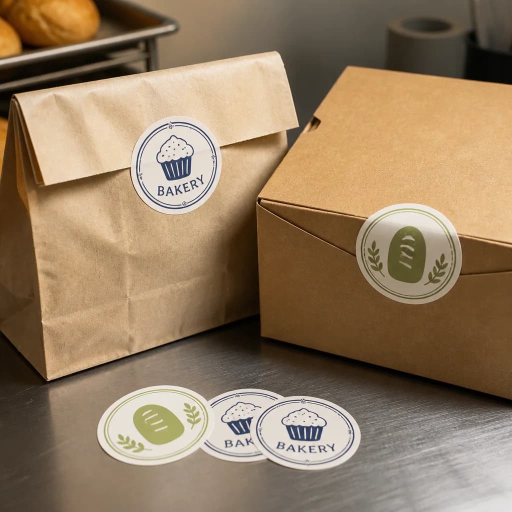 Illustrative round packaging labels applied across a paper bag fold and bakery box lid; not a tested customer order