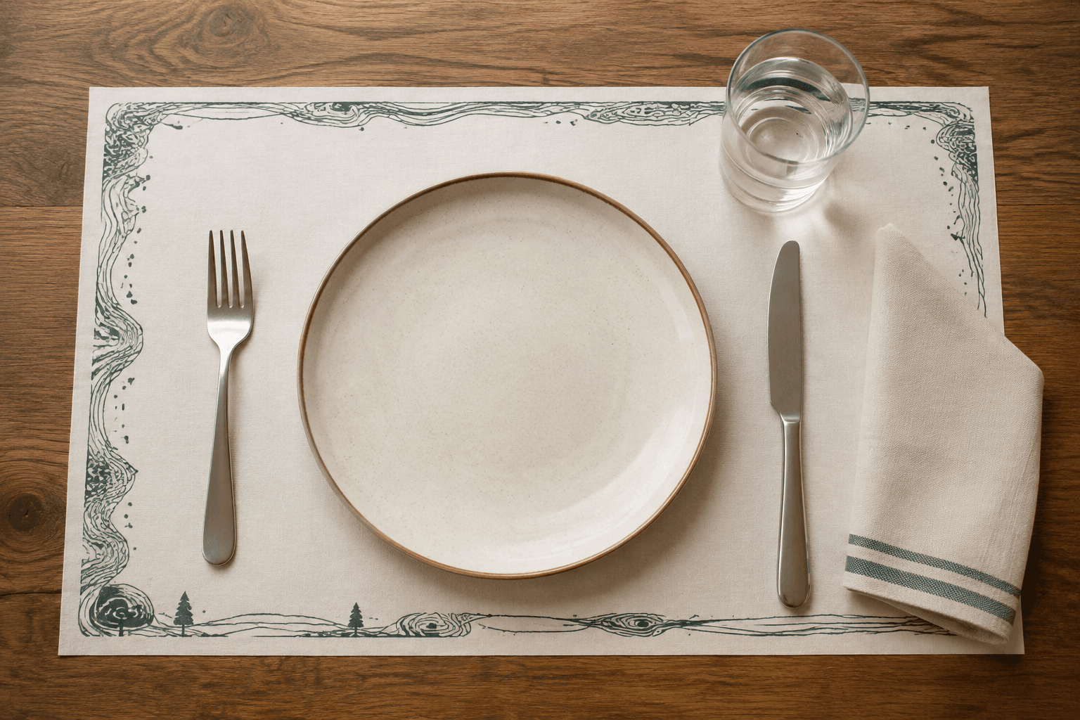 Illustrative restaurant place setting arranged on a printed paper placemat