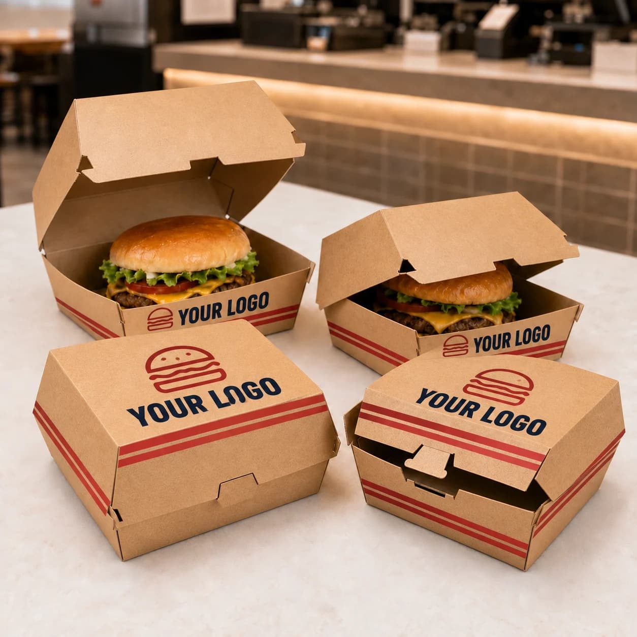 Illustrative kraft burger boxes with navy YOUR LOGO printing and red burger artwork