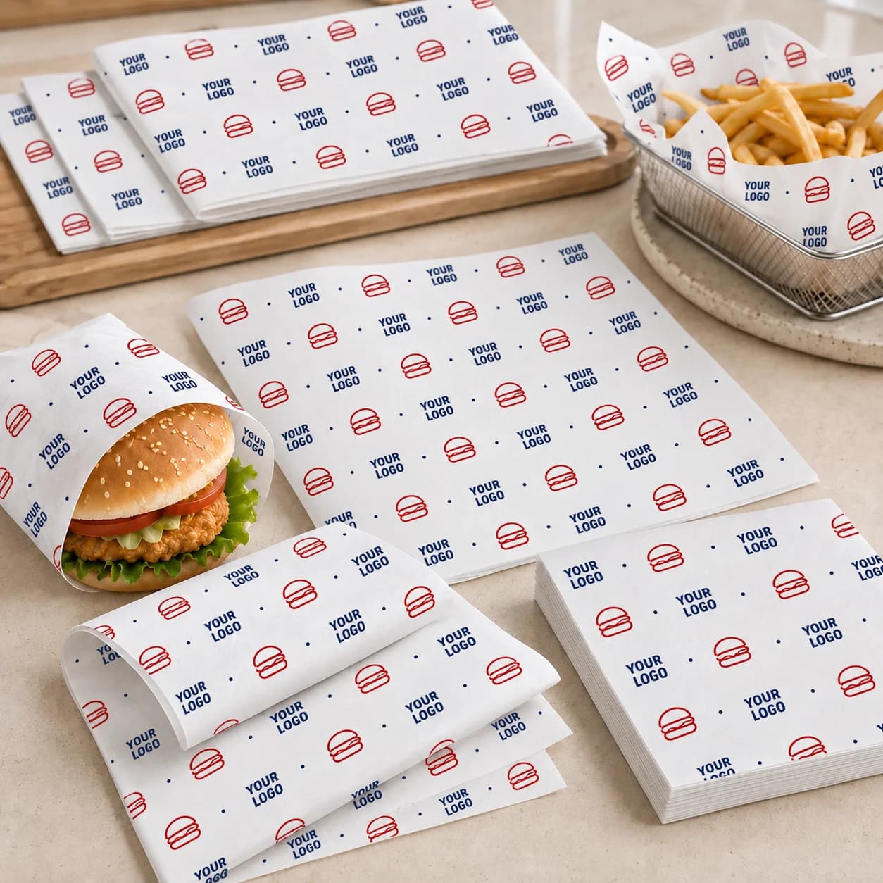 Illustrative custom printed food wrapping sheets shown as loose sheets and around a burger