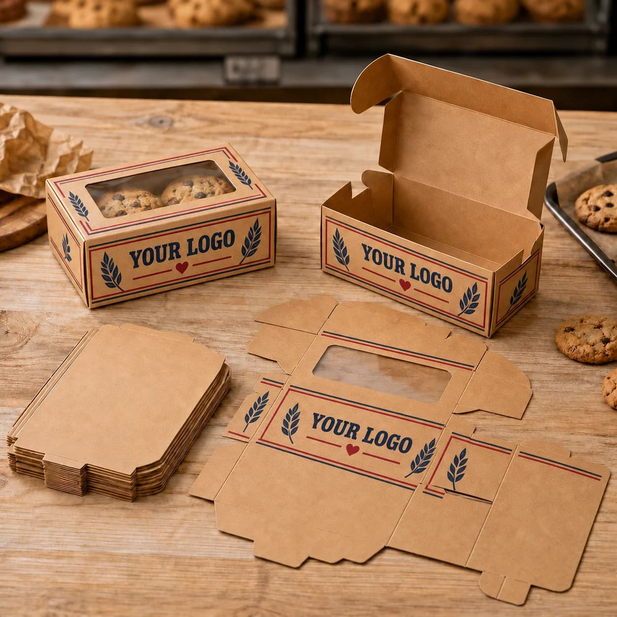 Illustrative kraft bakery boxes with navy logo-placeholder printing and a clear cookie window