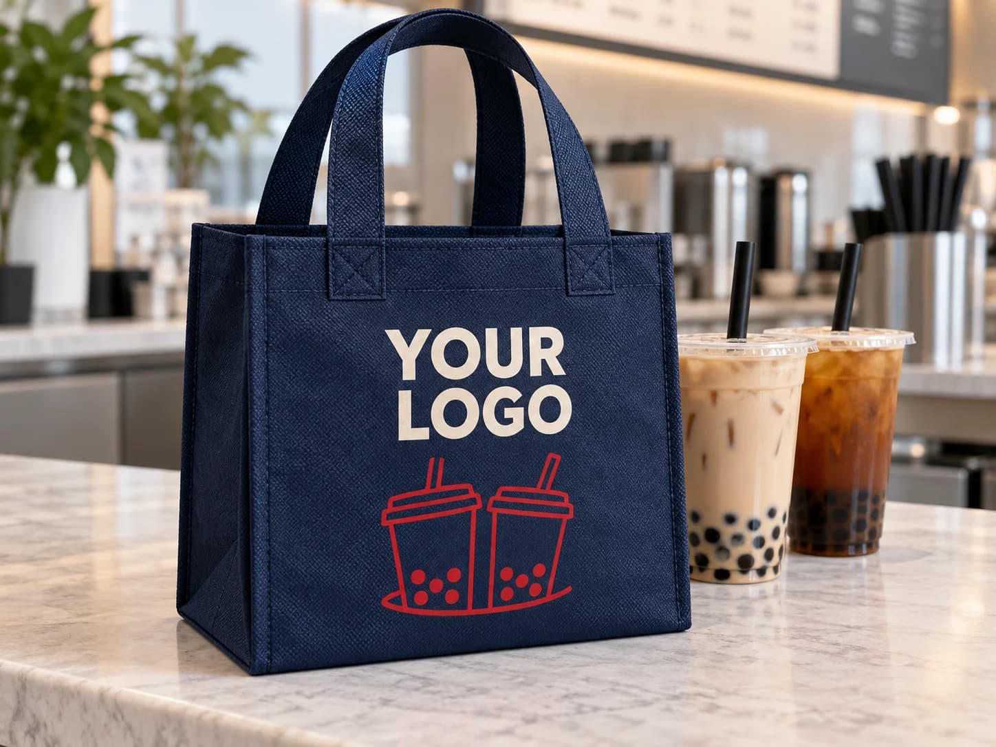 Illustrative navy drink carrier bag with YOUR LOGO printing beside bubble tea cups