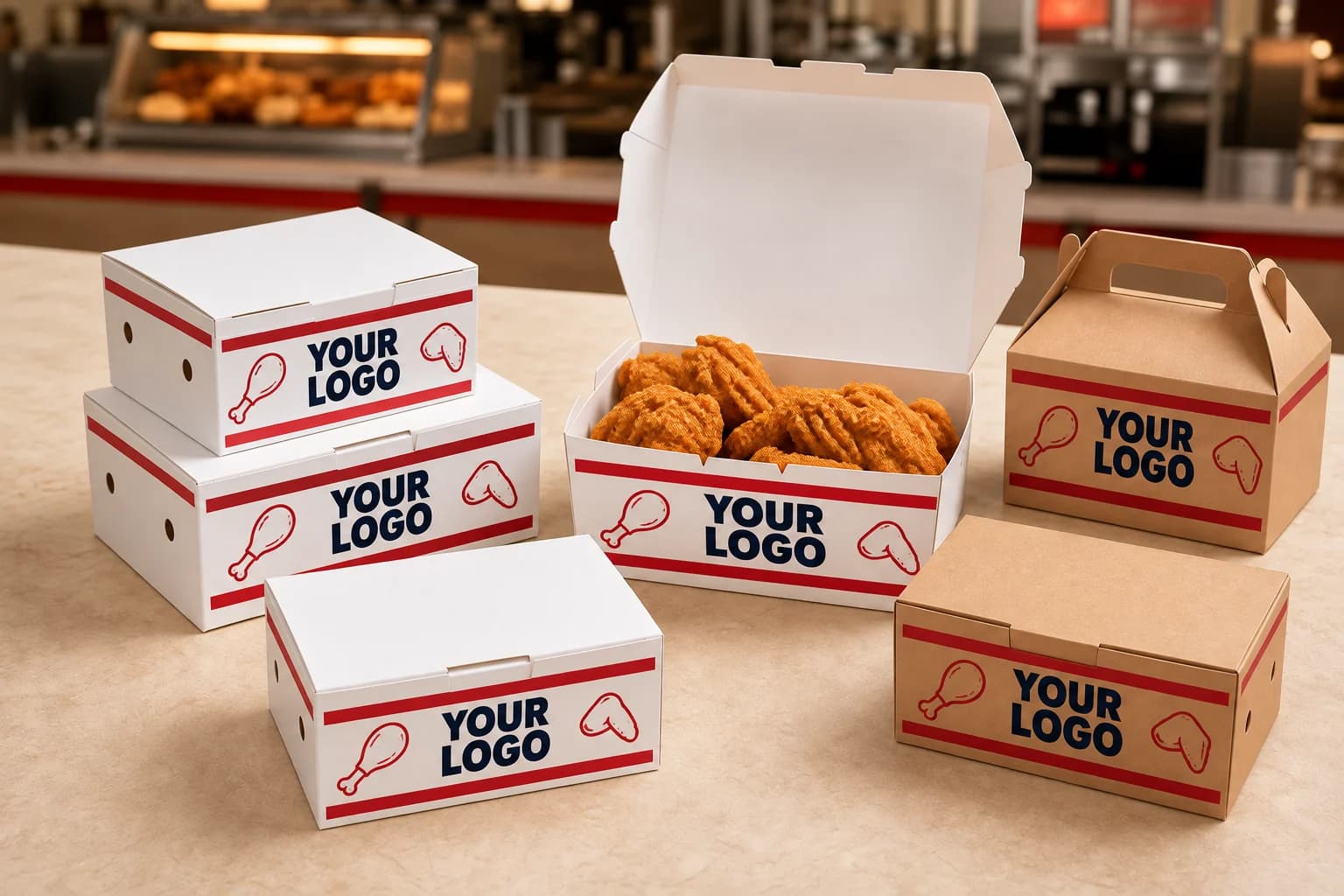 Illustrative white and kraft fried chicken boxes with custom-print logo placeholders