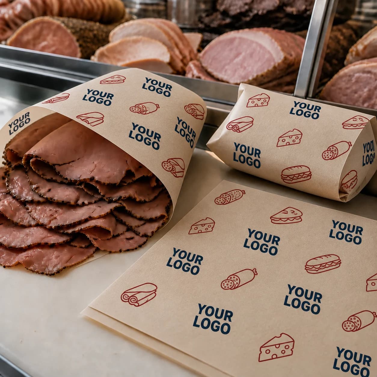 Illustrative kraft wrapping sheets with YOUR LOGO print used for deli food