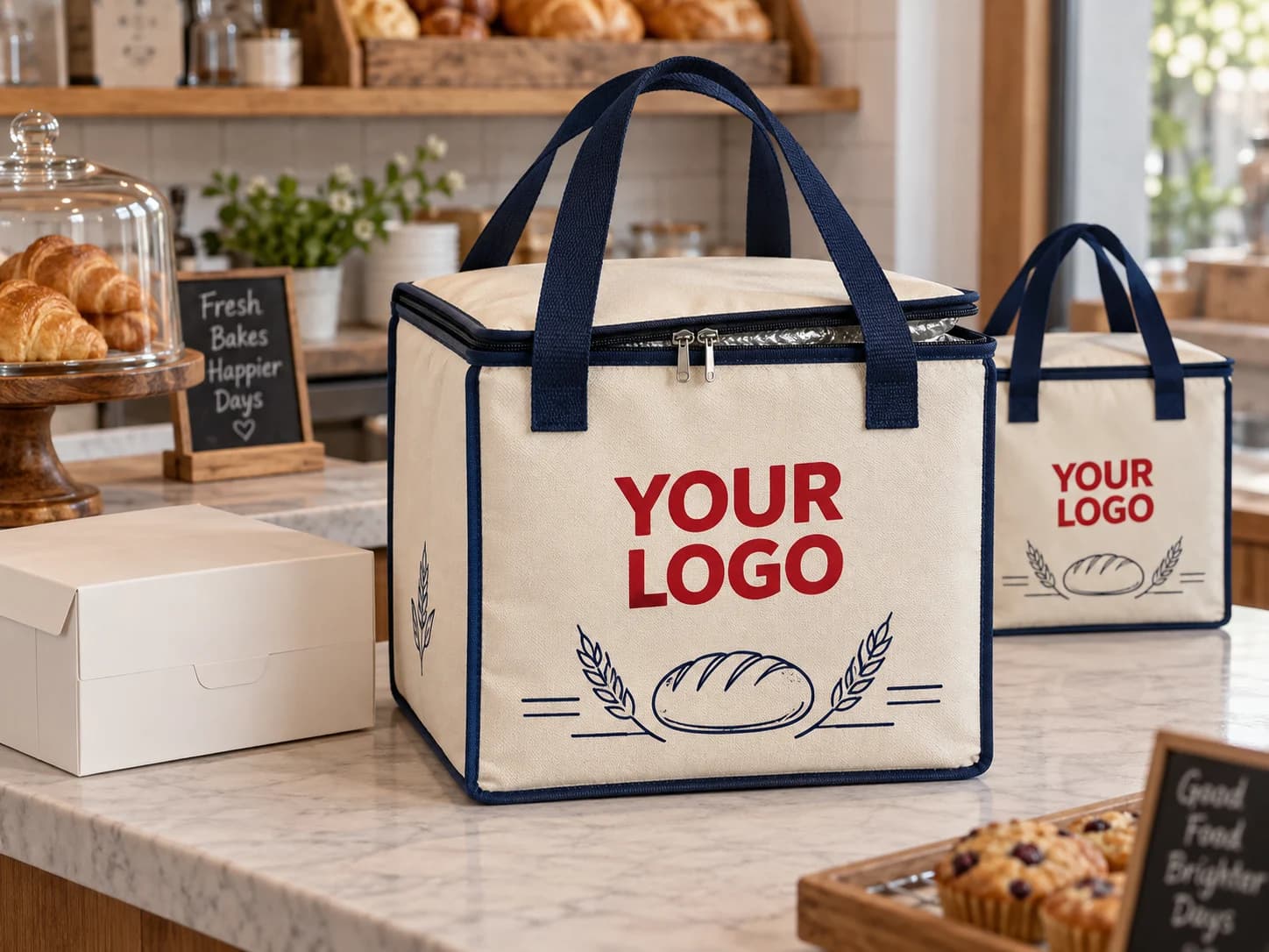 Illustrative custom printed insulated food carry bag with handles and a zip-top lid