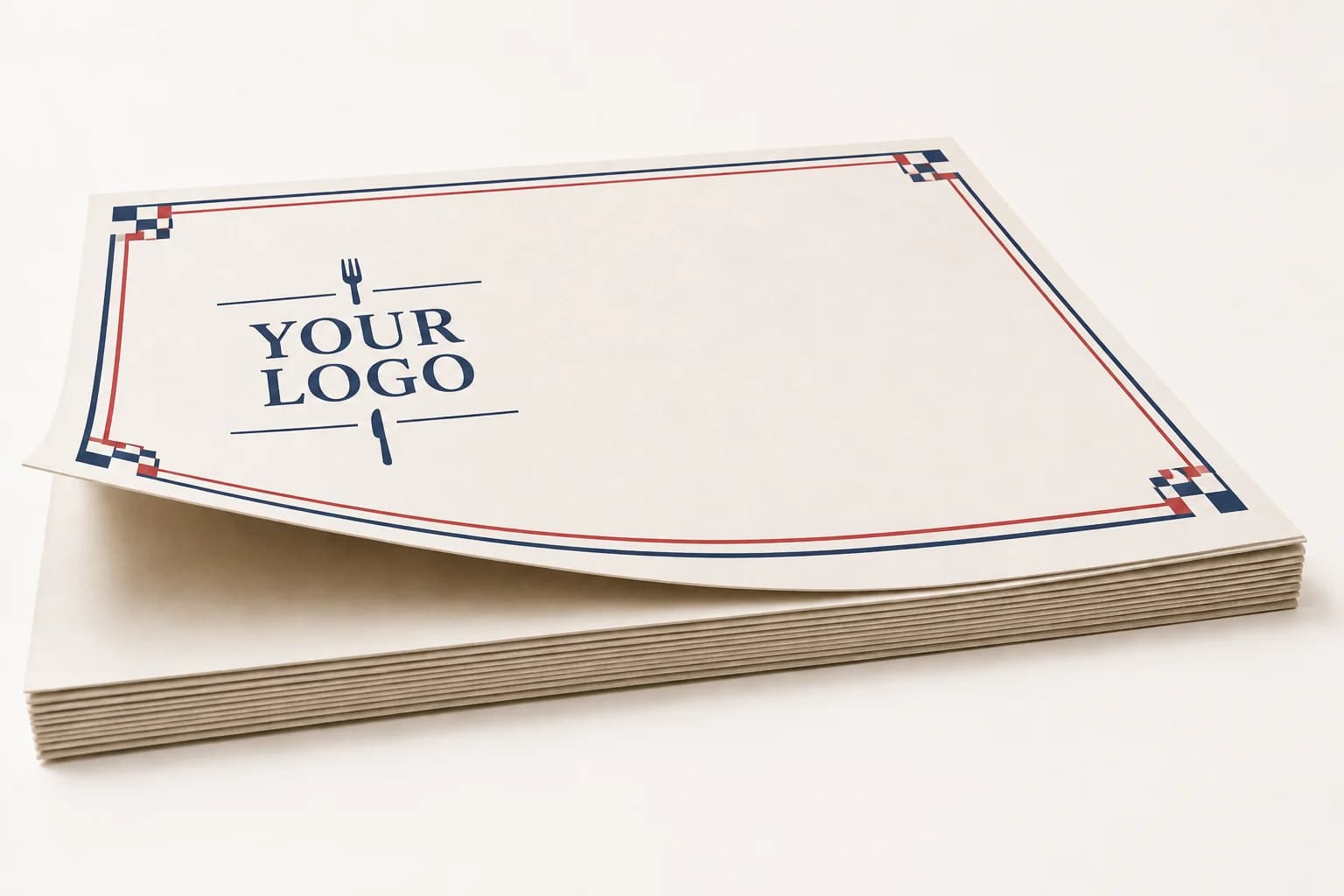 Illustrative stacked flat paper placemats with a navy and red custom-print design
