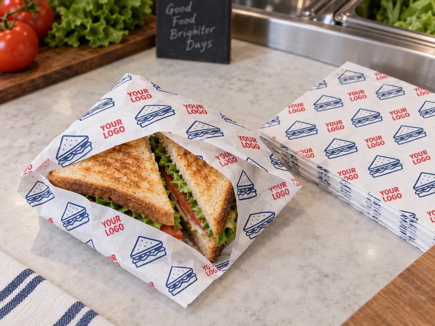 Illustrative printed flat wrapping paper around sandwich portions with matching loose sheets